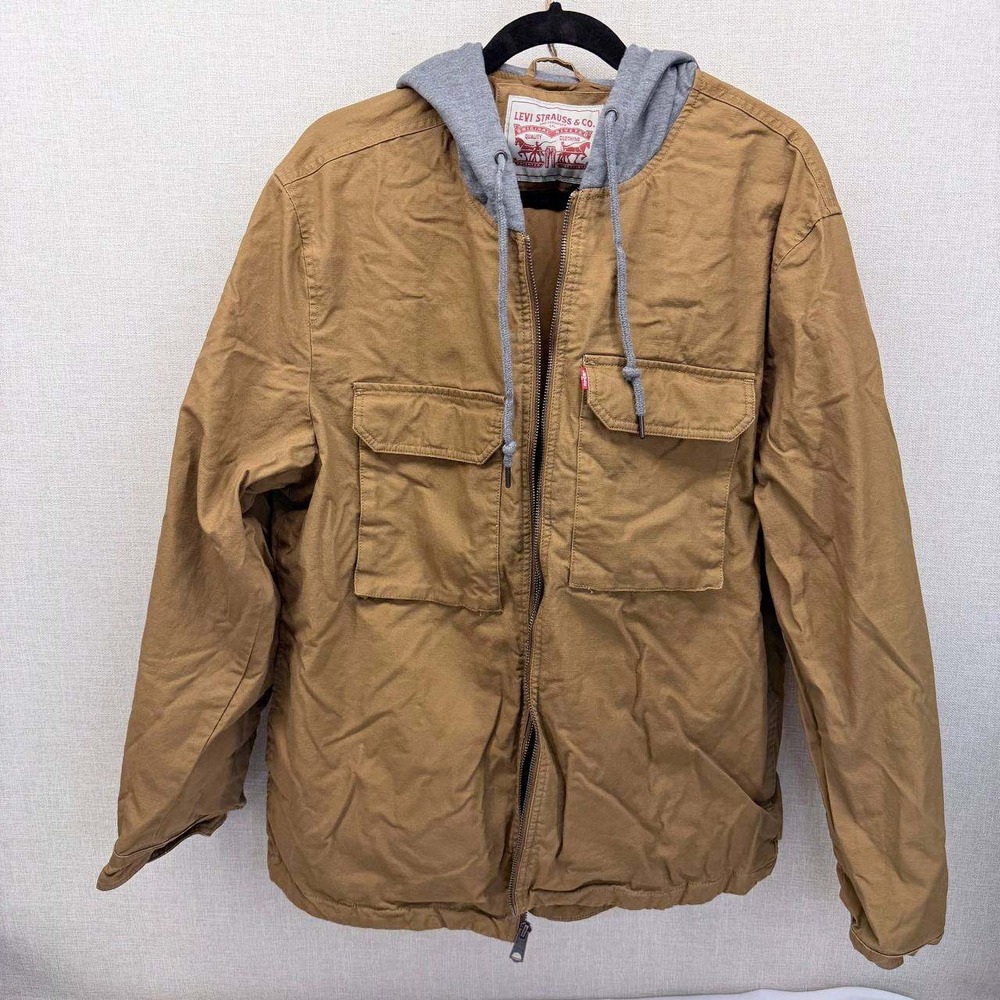 Levis Mens Hooded Field Jacket Size L Brown Canvas Zip Up Utility Coat